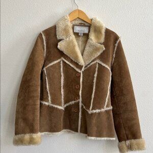 WILSONS LEATHER Maxima Genuine Suede Faux Fur Trim Fitted Jacket Tan Large